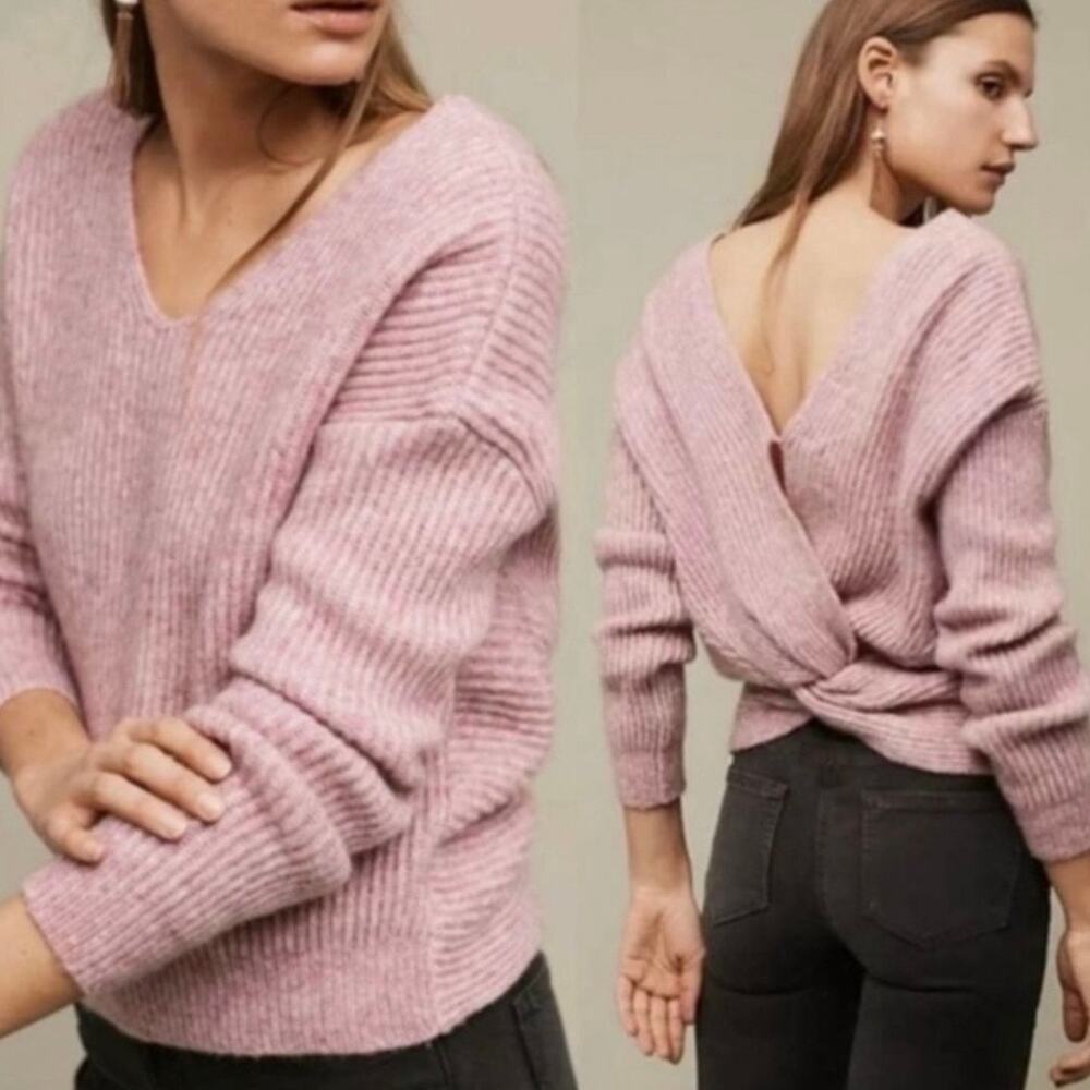 NEW Angel Of the North Anthropologie Pink Heather Wool V-Neck Sweater Small
